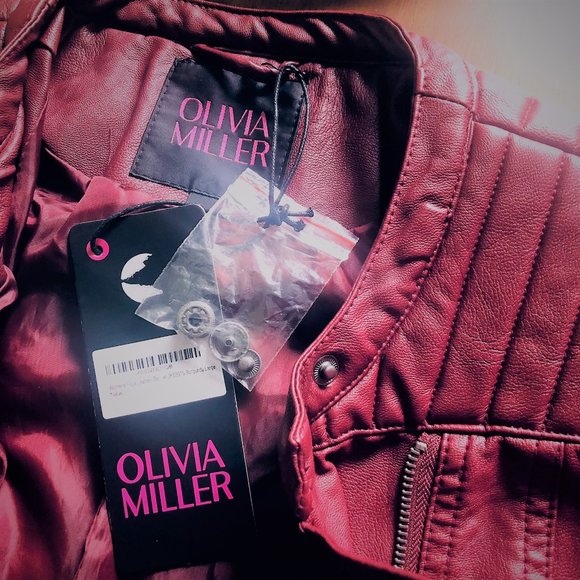 OLIVIA MILLER Burgundy Moto Style Asymmetrical Zipper Faux Leather Jacket New - Picture 7 of 7
